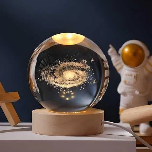 3D Galaxy Crystal Ball Lamp – K9 Crystal Sphere with Wooden Base & Ambient Light