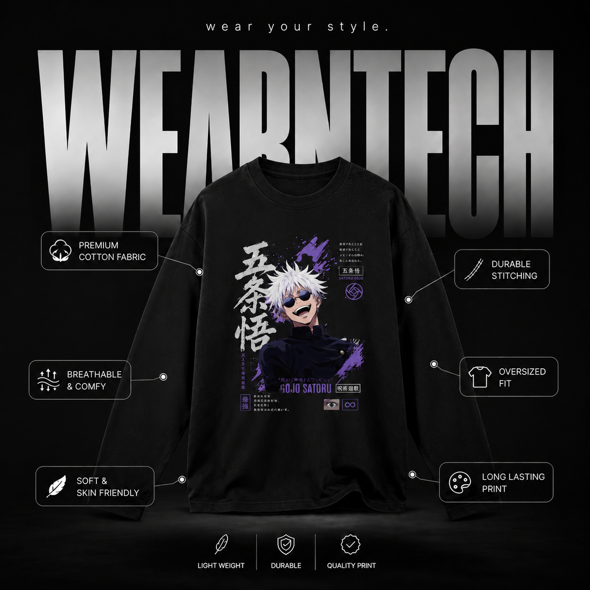 Gojo Satoru Oversized Full Sleeve Anime T-Shirt – Premium Cotton