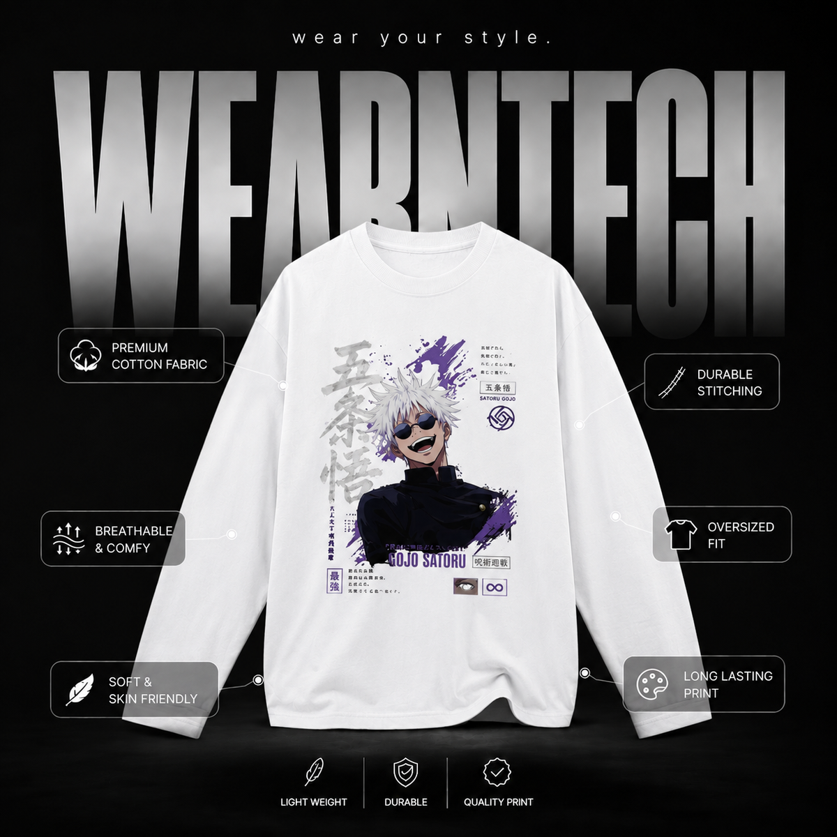 Gojo Satoru Oversized Full Sleeve Anime T-Shirt – Premium Cotton