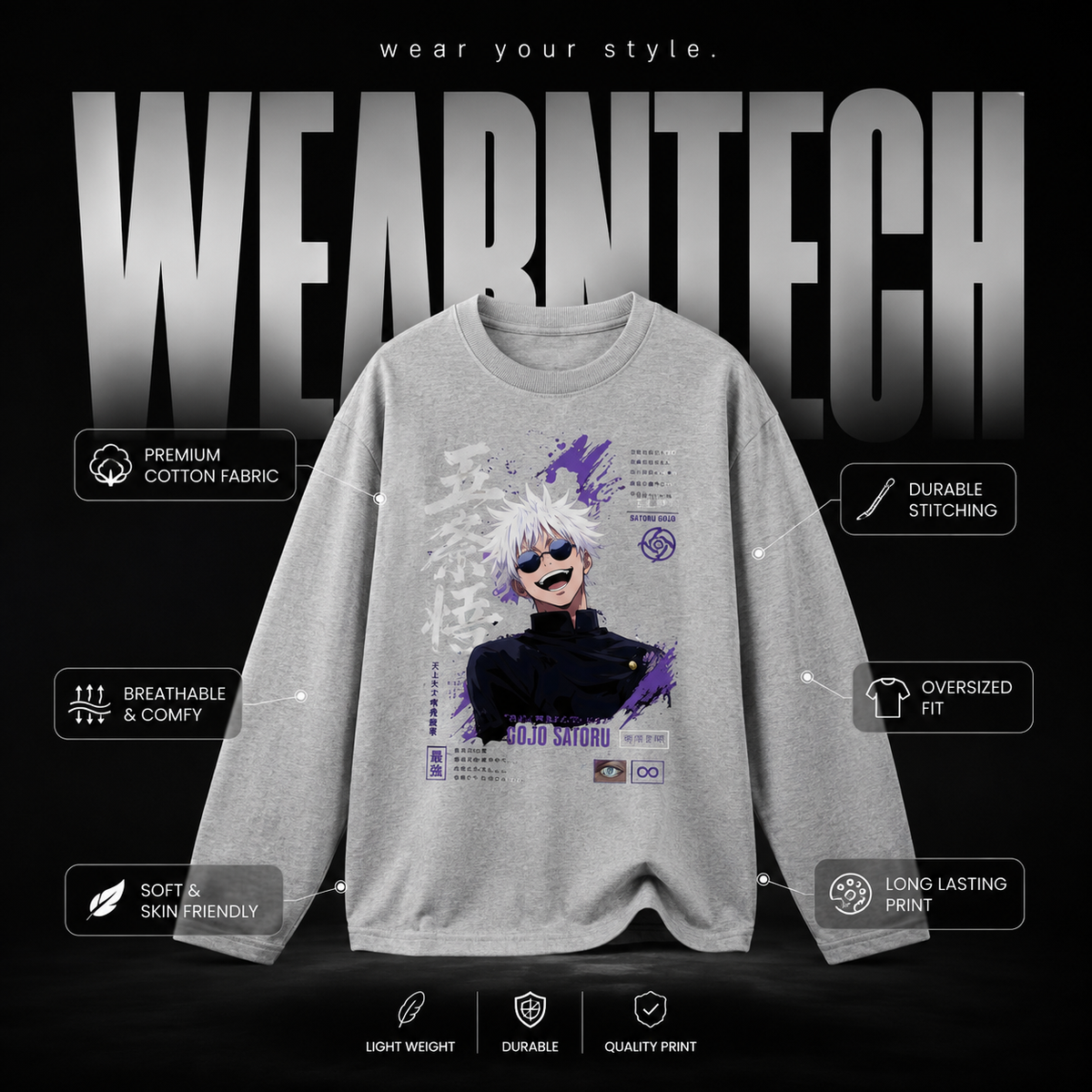 Gojo Satoru Oversized Full Sleeve Anime T-Shirt – Premium Cotton