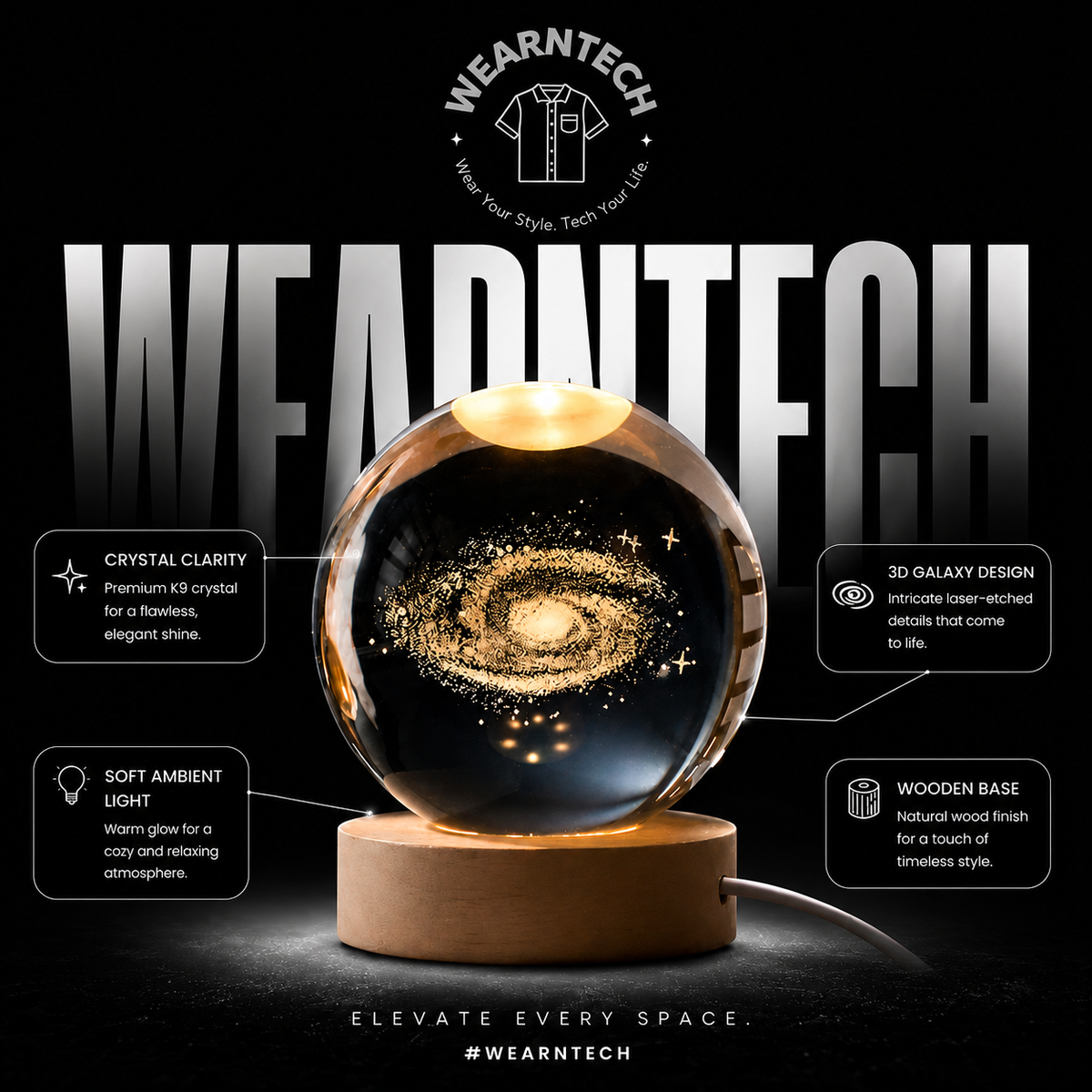 3D Galaxy Crystal Ball Lamp – K9 Crystal Sphere with Wooden Base & Ambient Light