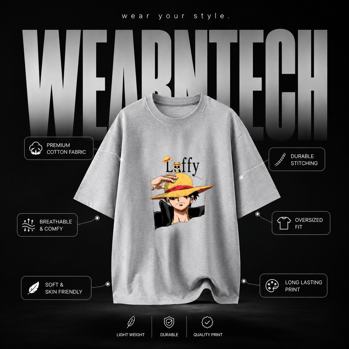 Luffy Oversized Anime Graphic T-Shirt – Premium Cotton Unisex Casual tshirt