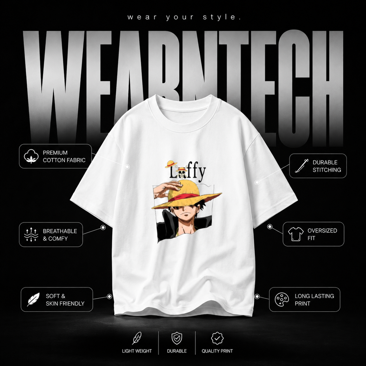 Luffy Oversized Anime Graphic T-Shirt – Premium Cotton Unisex Casual tshirt