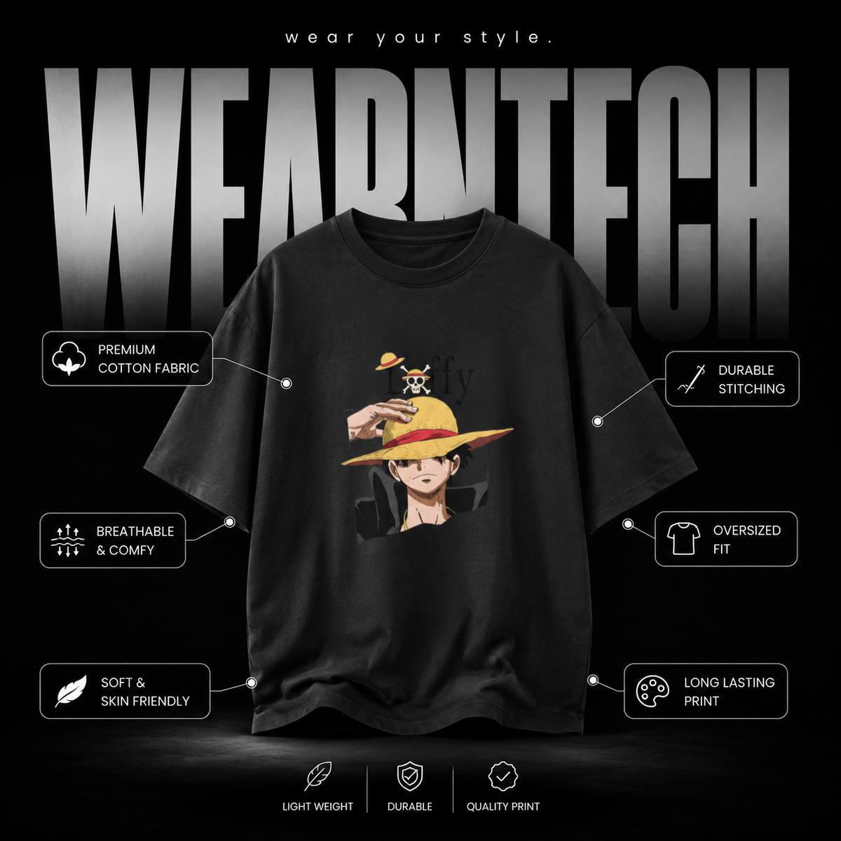 Luffy Oversized Anime Graphic T-Shirt – Premium Cotton Unisex Casual tshirt