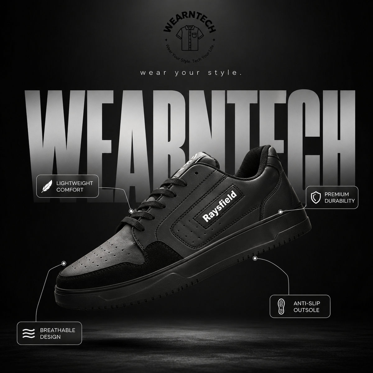 Classic Black Casual Sneakers – Lightweight Breathable Shoes with Anti-Slip Sole