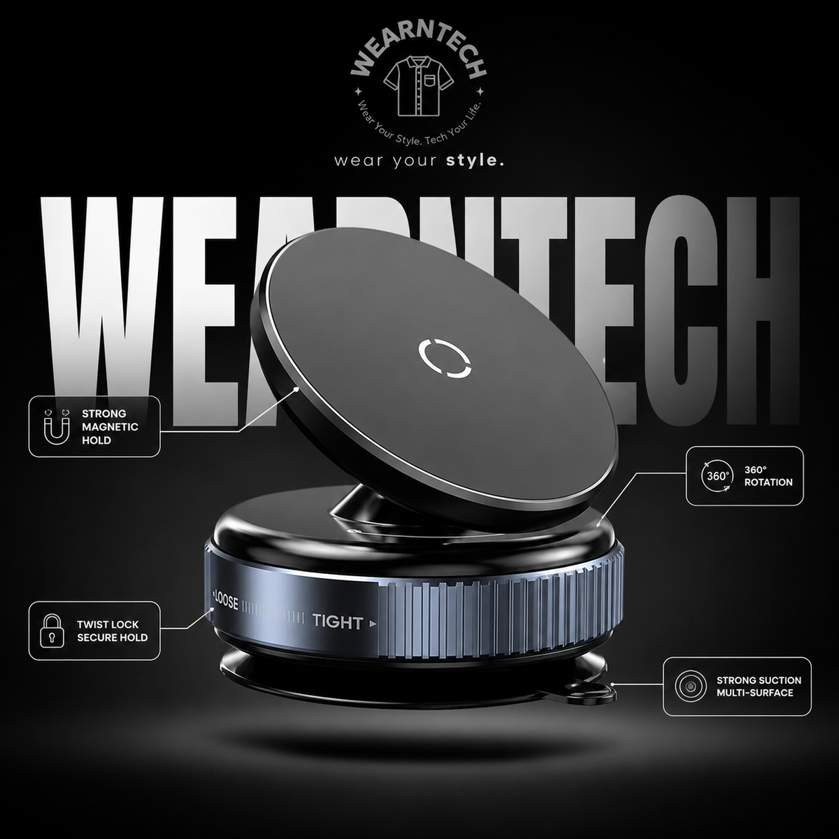 Ultra-Stable Vacuum Suction Magnetic Phone Mount with 360° Rotation